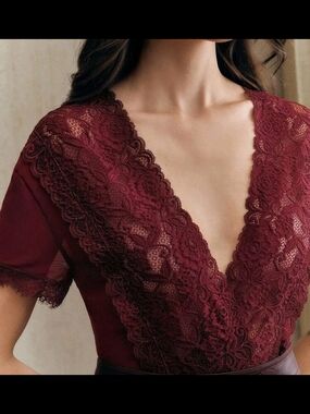 Annalee Wine Red Lace V-Neck Bodysuit